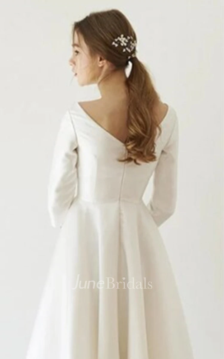 Simple V-neck A Line Satin Tea-length Wedding Dress