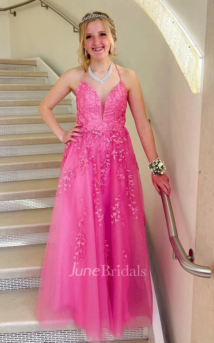 Casual A-Line Plunging Neckline Tulle Prom Dress with Appliques