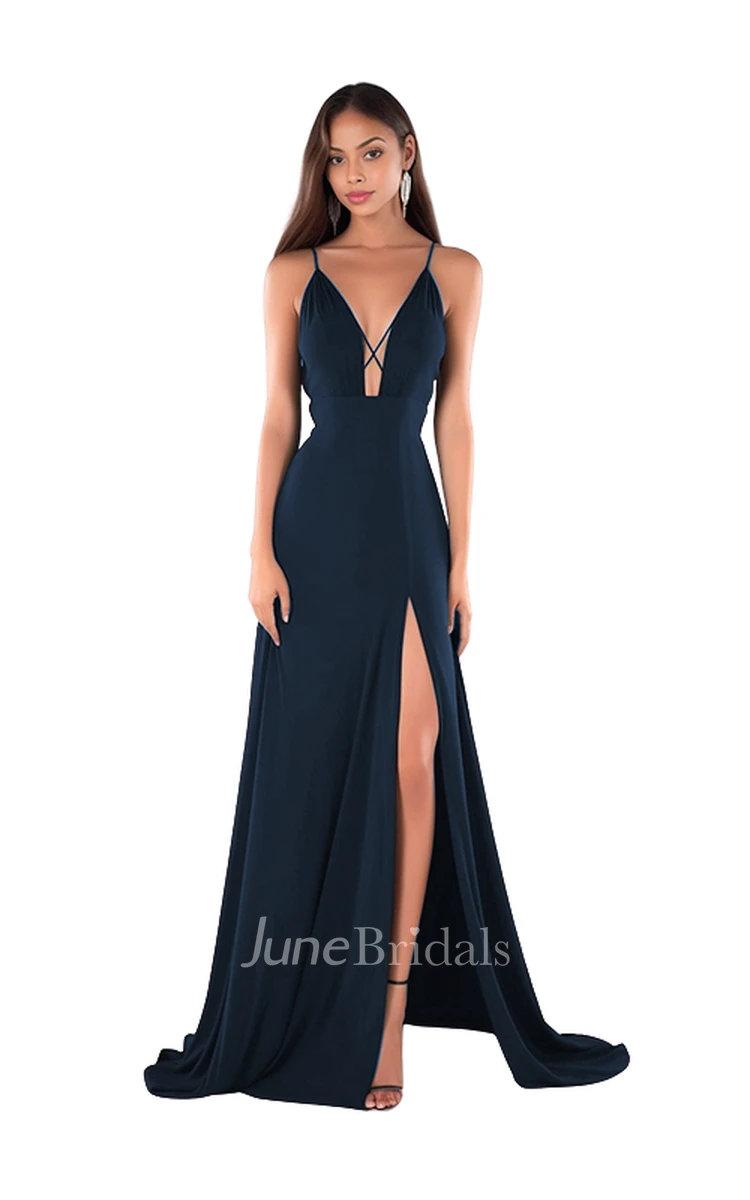 High-end A-Line Plunging Neck Satin Bridesmaid Dress with Split Front