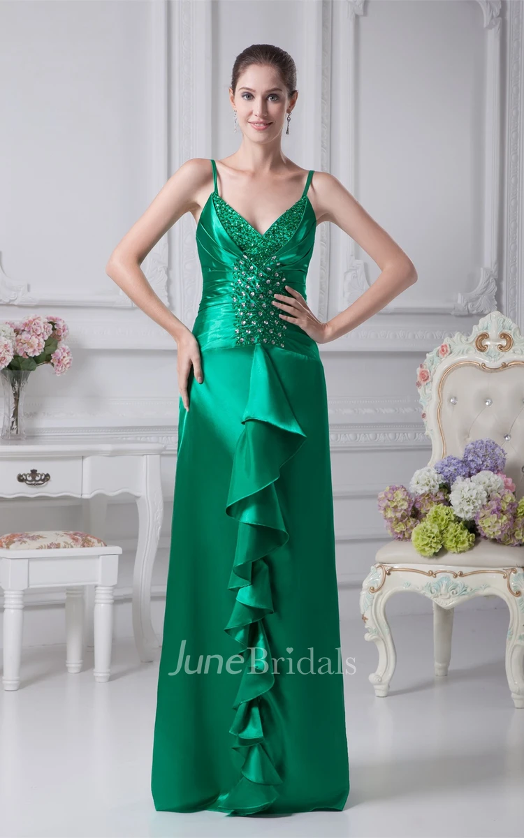 Spaghetti-Strap Ruched Satin Gown with Bolero and Crystal Detailing