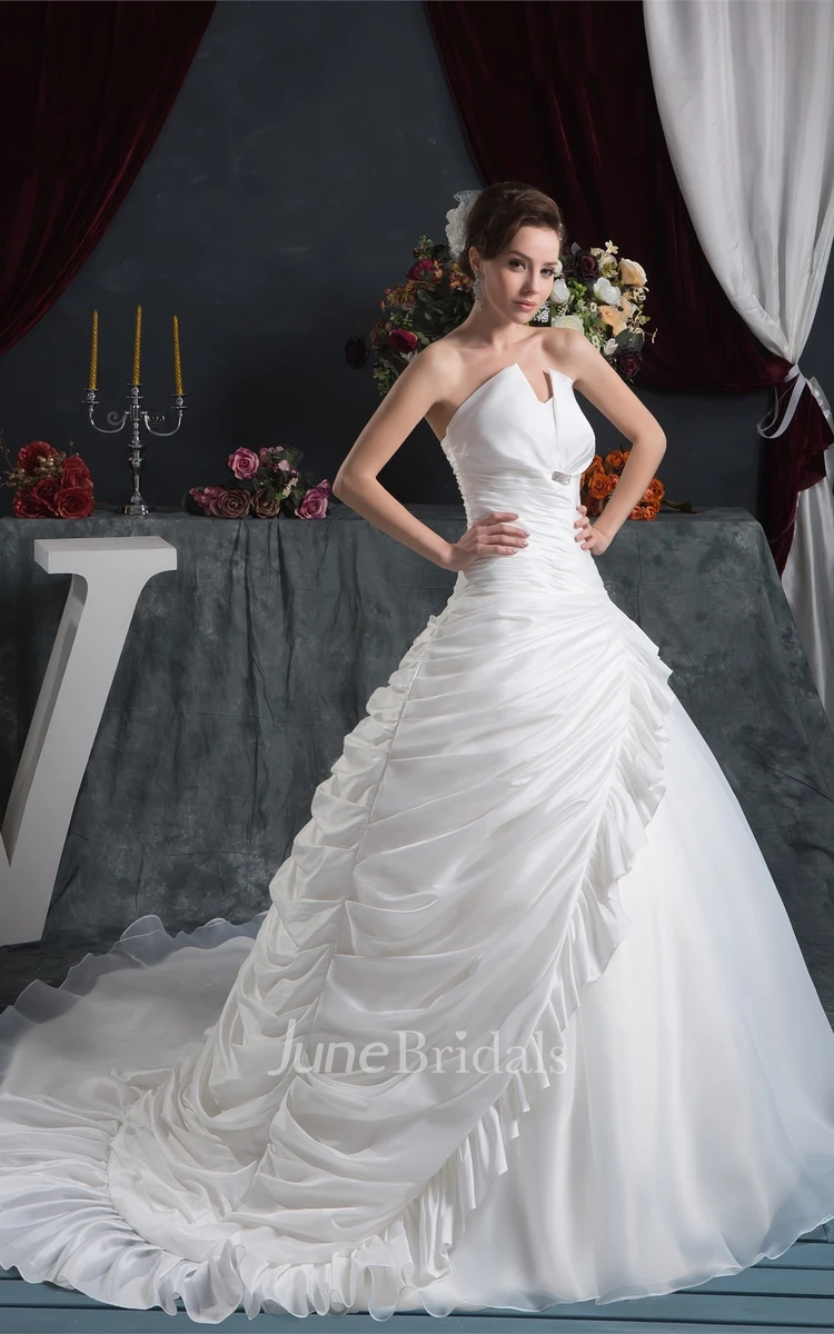 Strapless Side-Ruched Ball Gown with Broach and Flower