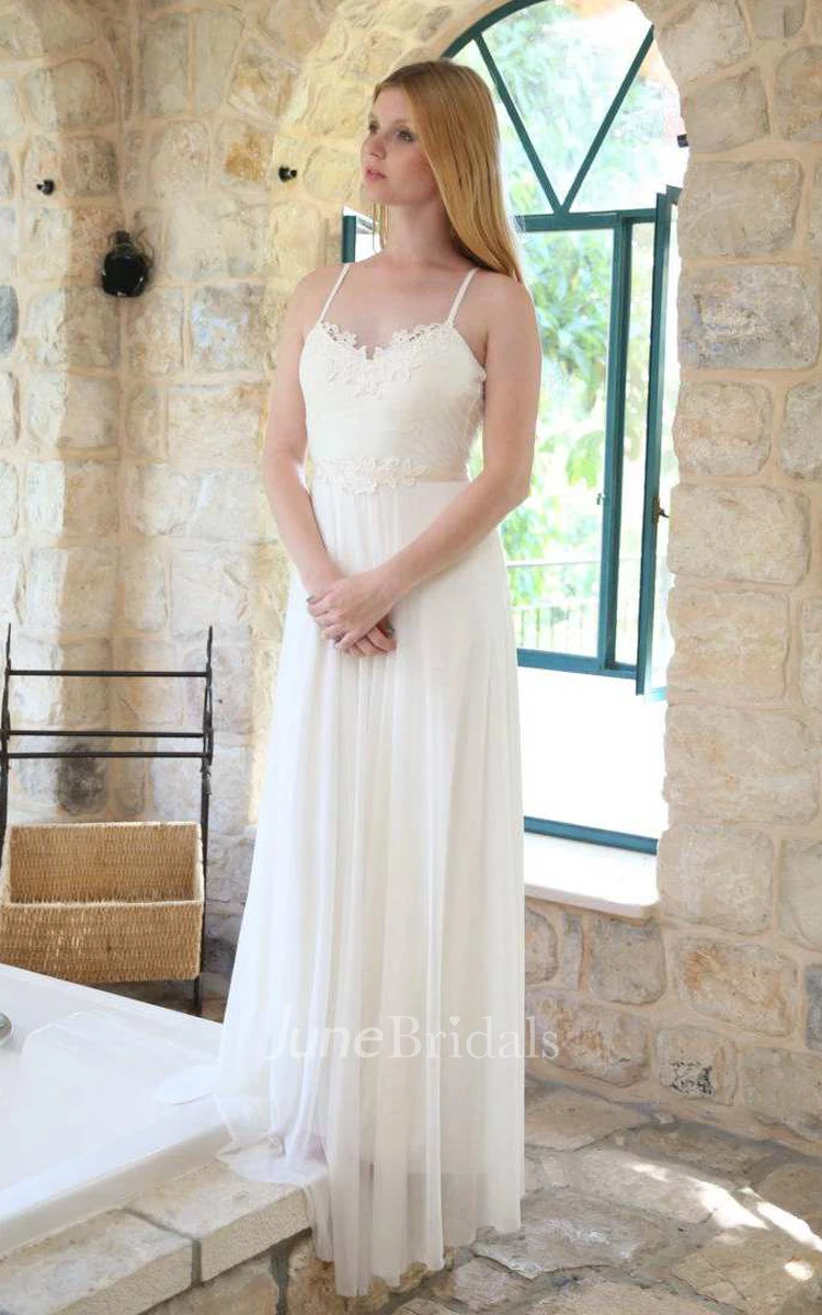 Spaghetti Chiffon Pleated Floor-Length Wedding Dress With Lace Appliques