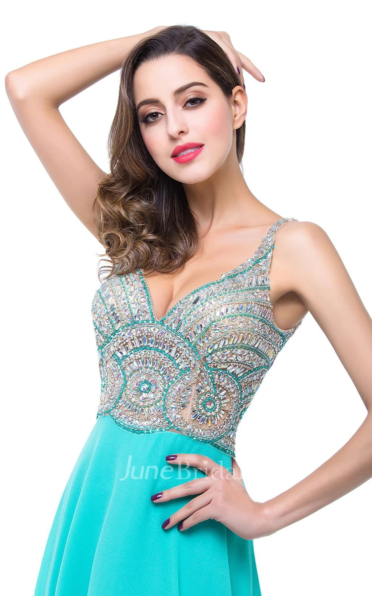 Newest Crystals Spaghetti Strap Prom Dress Open Back A-line