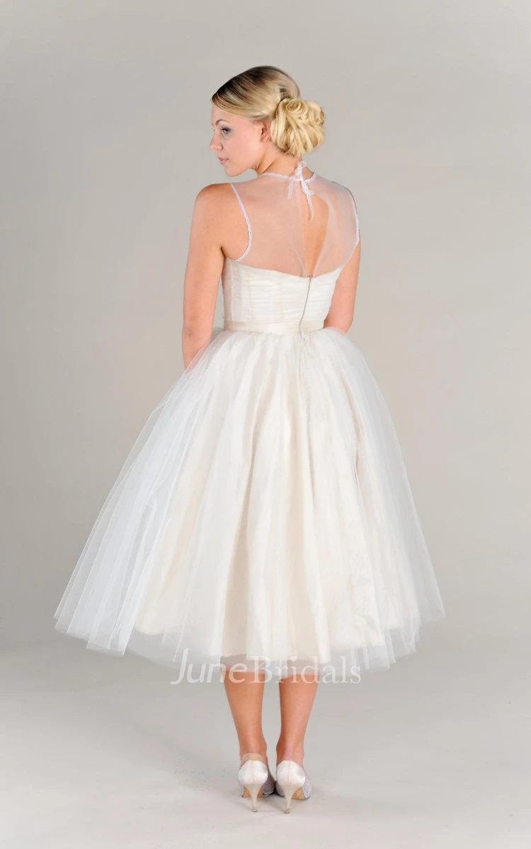 Short Strapped Tulle Lace Weddig Dress With Illusion