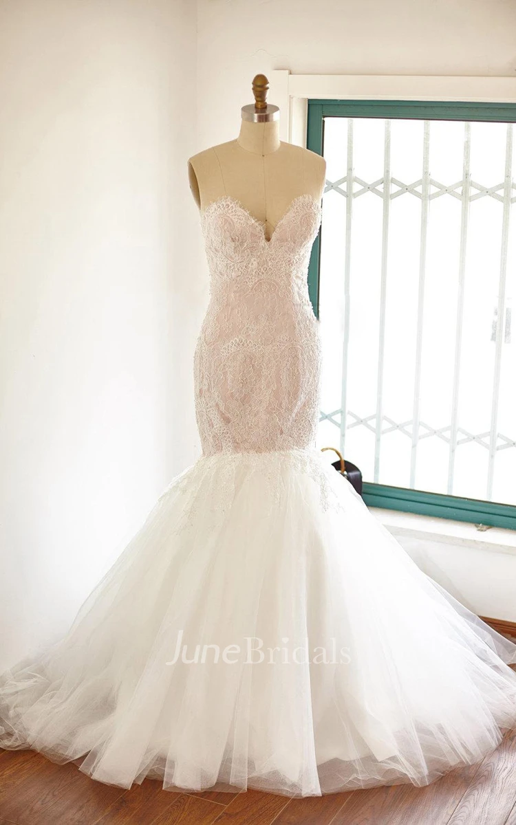 Mermaid Sweetheart Tulle Lace Satin Dress With Beading