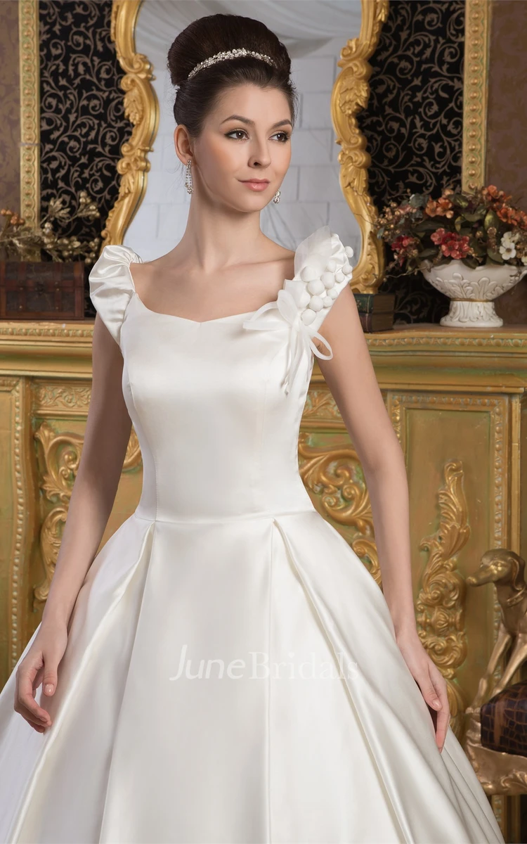 Caped-Sleeve Satin A-Line Ball Gown with Epaulet