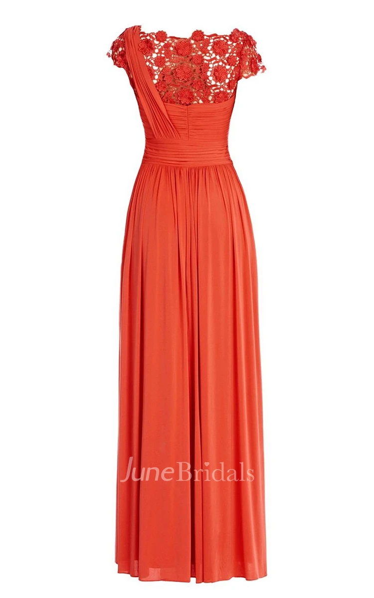 Lace Cap-sleeve One-shoulder Pleated Chiffon A-line Dress