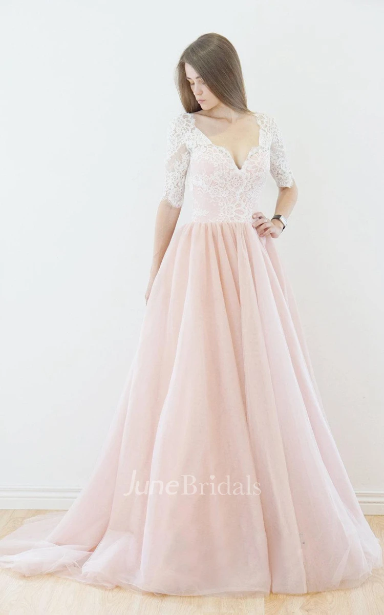 Muti-Color Half Sleeve Tulle Lace Dress With Deep-V Back