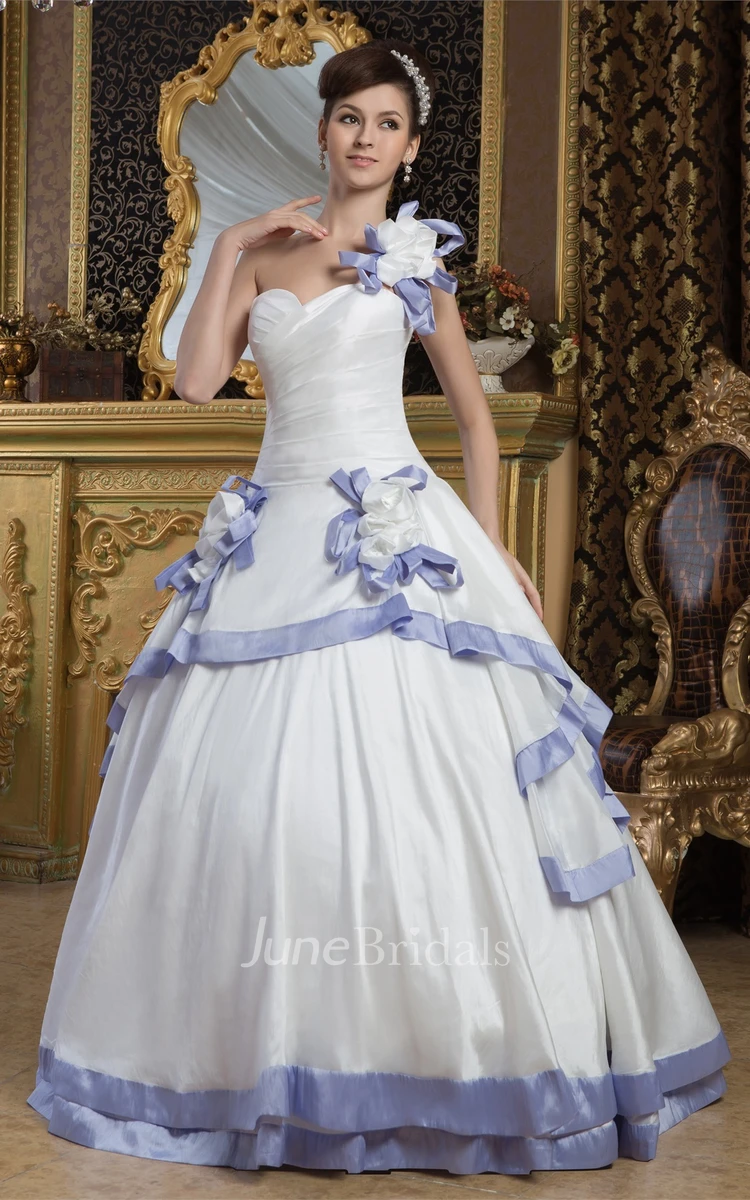 One-Shoulder Criss-Cross Ball Gown with Flower and Draping