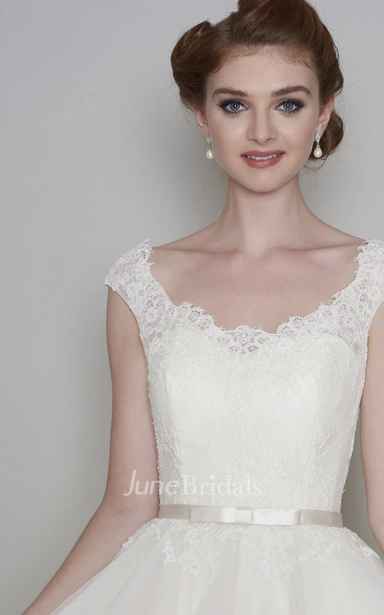 Cap Sleeve Vintage Lace V-neck Tulle Tea length Wedding Dress With Buttons