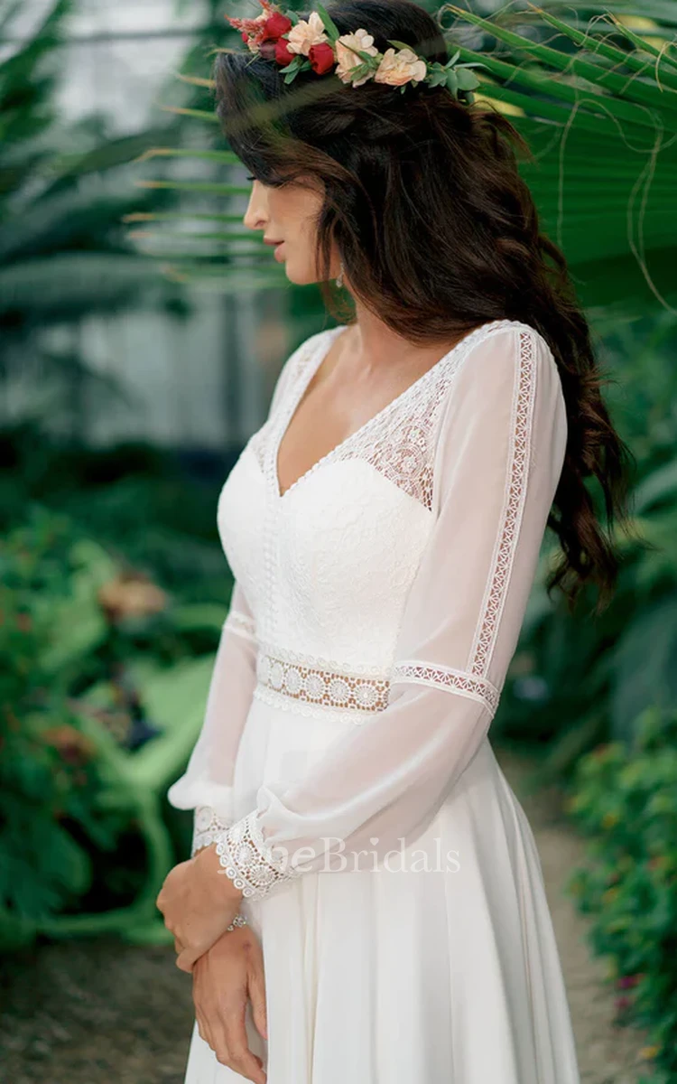 A-Line Casual V-neck Chiffon Garden Wedding Dress with Low-V Back Illusion Lace Long Sleeve