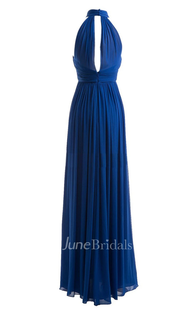 High-neck Long Dress With Ruching and Key-hole Back