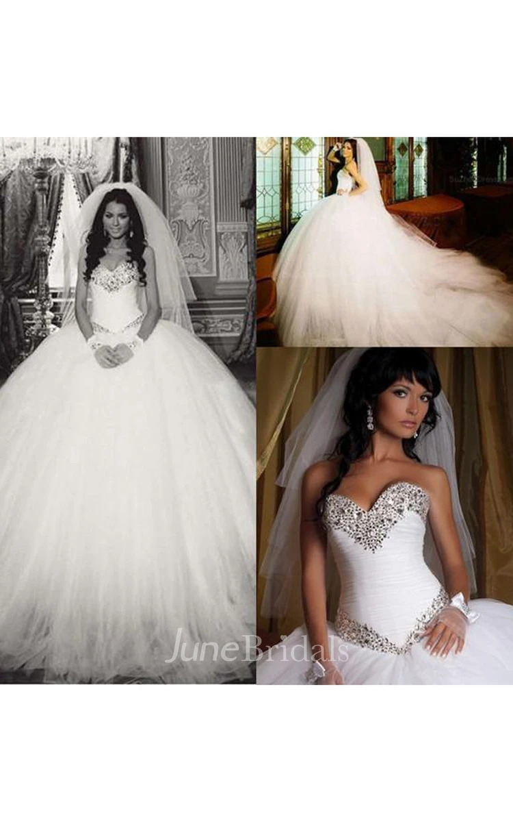 Glamorous Ball Gown Tulle Wedding Dress Crystals White Court Train