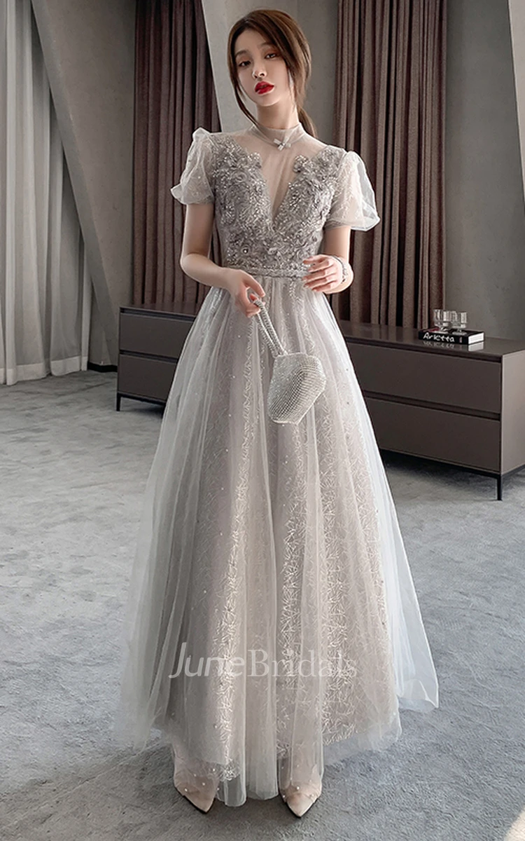 Vintage Tulle High Neck Off-the-shoulder A Line Prom Dress With Appliques and Beading