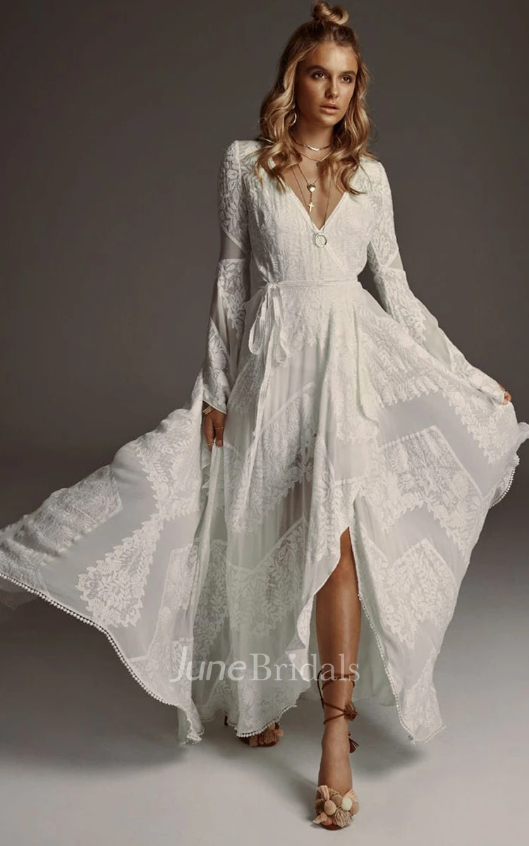 V-neck A-Line Lace Bohemian Wedding Dress Simple Casual Sexy Adorable Country With Illusion Back And Illusion Long Sleeves