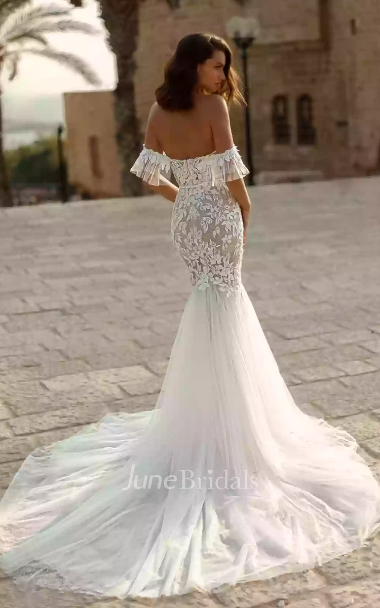 Mermaid Off-the-shoulder Lace Country Wedding Dress With Open Back And Appliques