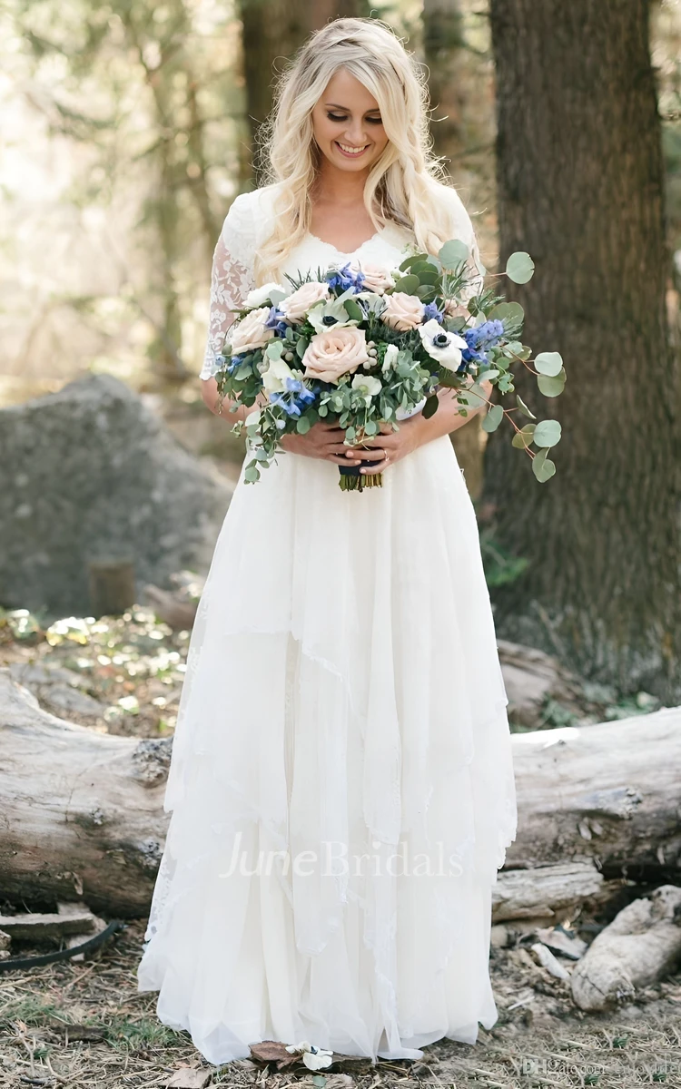 Rustic Country Modest V Neck Half Sleeves Multi-Layer Lace Wedding Dress