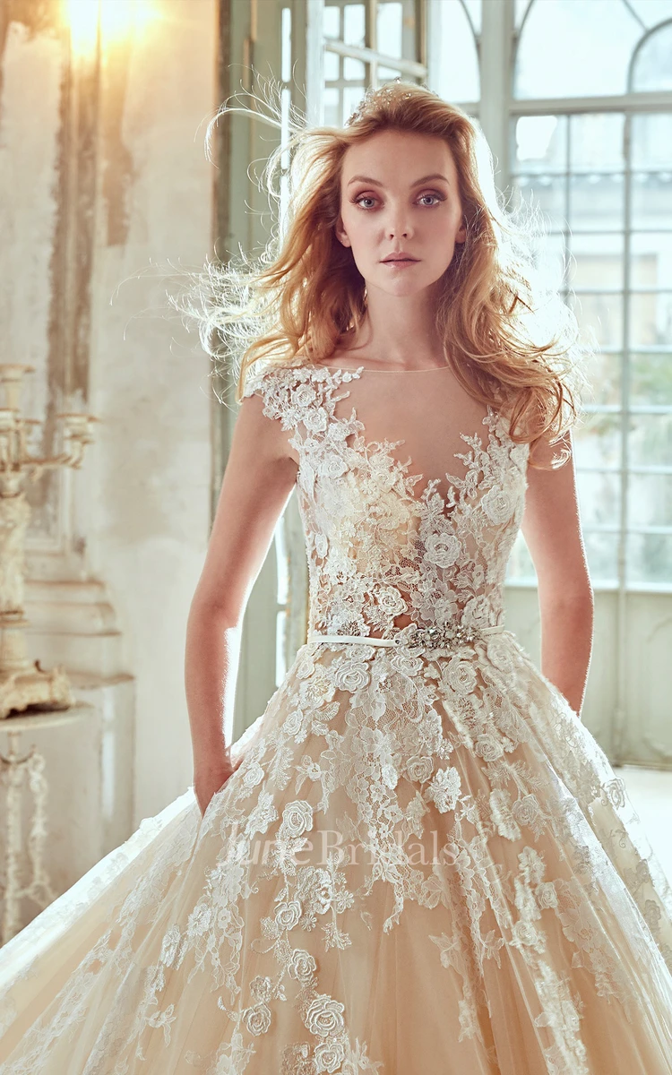 V-Neck A-Line Wedding Dress With Floral Lace Appliques and Pleated Tulle Skirt