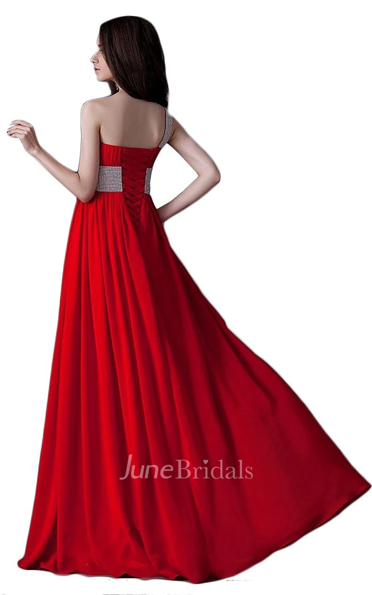 One-shoulder Pleated Chiffon A-line Gown With Beaded Band