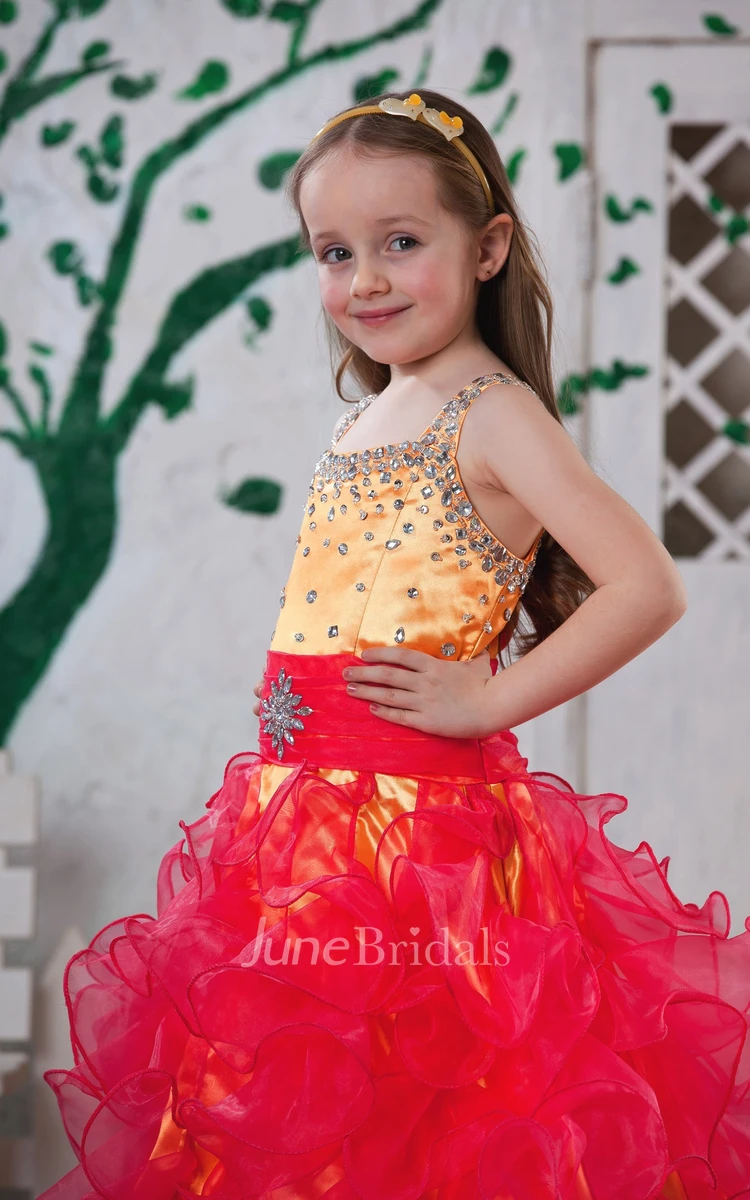 Two-Tone Ruffled A-Line Flower Girl Dress With Broach