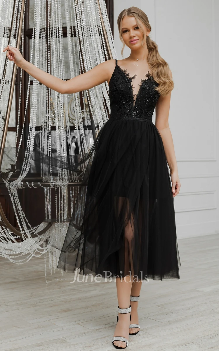 Sexy Sheath Plunging Neckline Tulle Evening Dress with Split Front