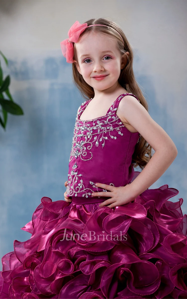 Strapped Tea-Length Ruffled Flower Girl Dress With Embroideries