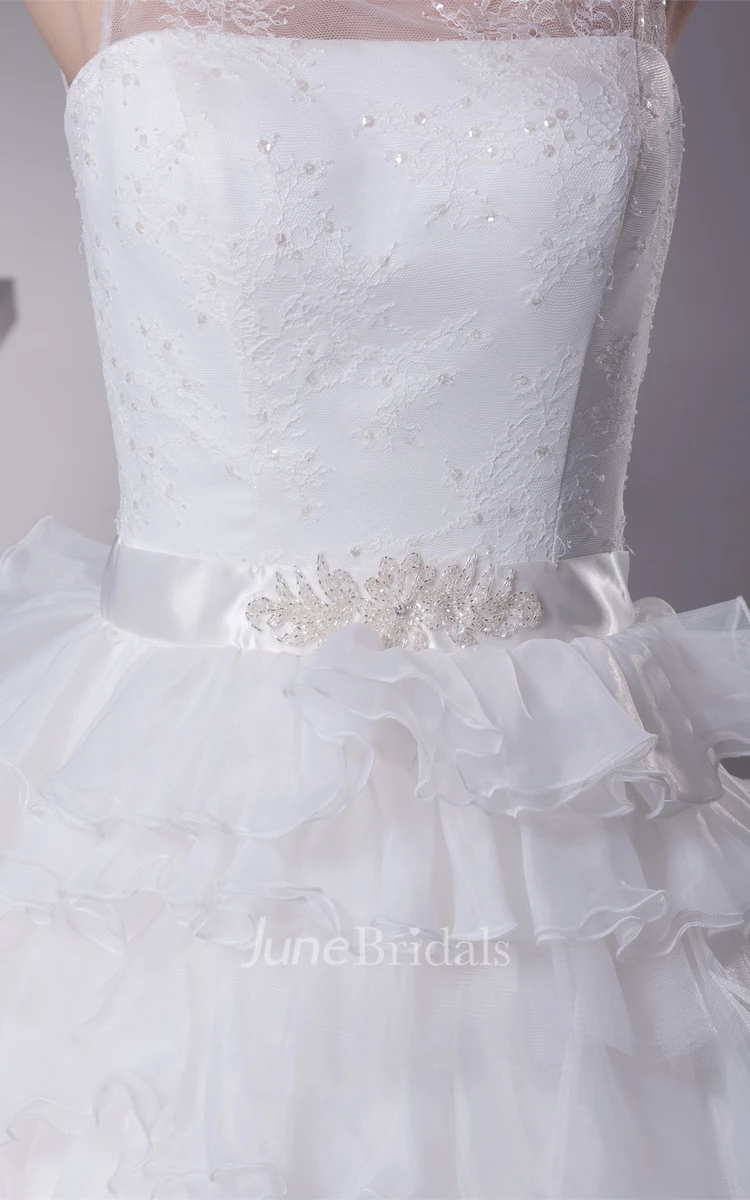 Tiered A-Line Ruffled Ball Gown with Illusion Neckline