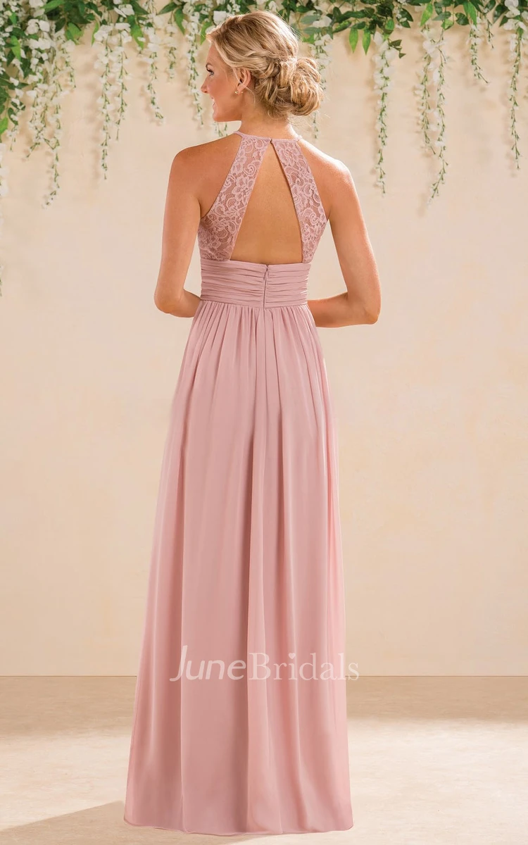 High-Neck A-Line Bridesmaid Dress With Lace Detail And Keyhole Back