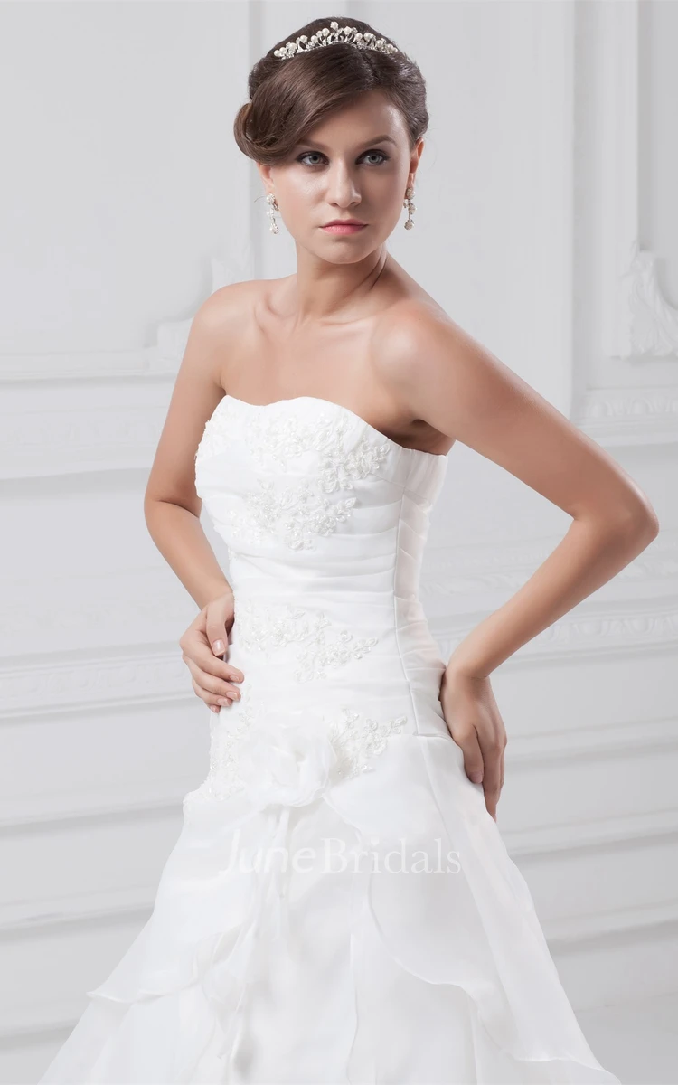 Strapless Draped A-Line Gown with Appliques