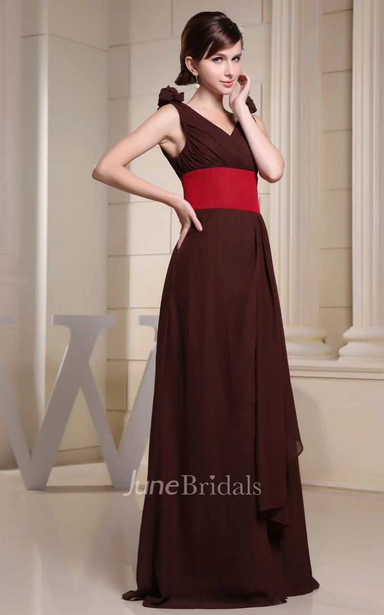 V-Neck Sleeveless Chiffon Floor-Length Dress With Floral Strap