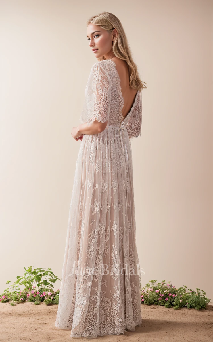 Sexy Bohemian Lace Maxi Short Sleeve A-Line Wedding Reception Dress Floral Romantic Deep V Neck Low Back Beach Garden Bridal Gown with Sash