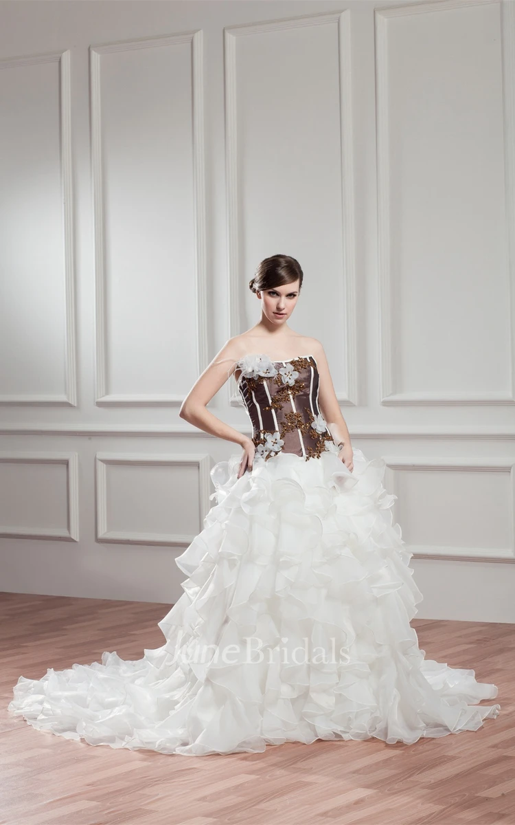 Strapless Appliqued Ball Gown with Flower and Cascading Ruffles