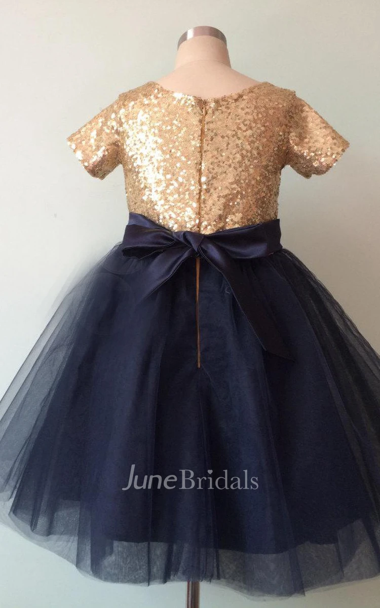 Short Sleeve Ruched Tulle Dress With Sequins&Flower