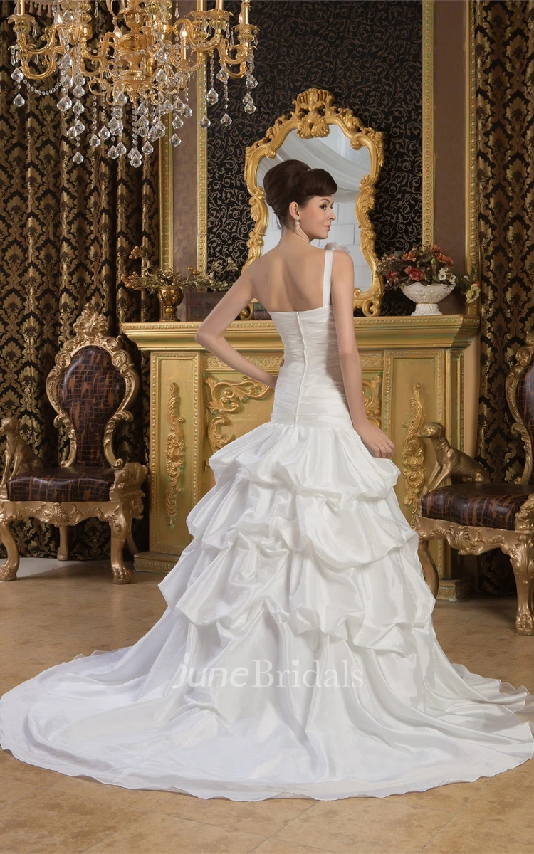 Sleeveless Ruched Pick-Up Gown with Appliques and Single Strap