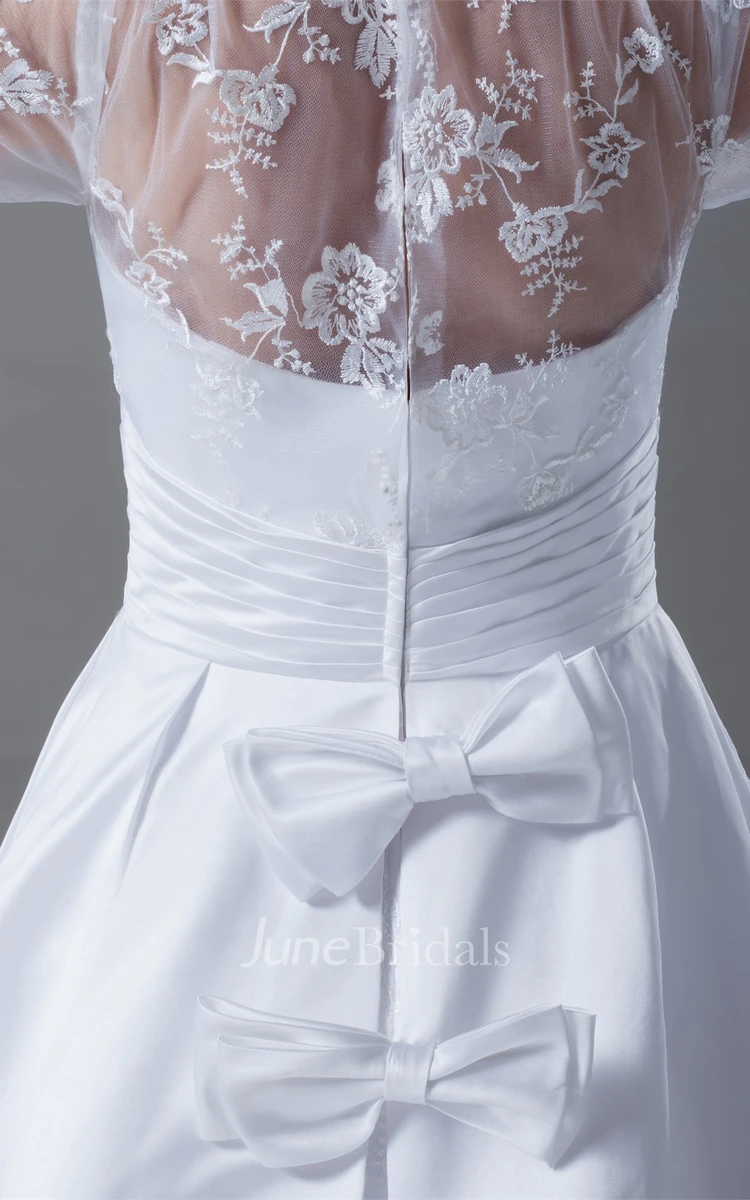 3-4-sleeve a-line lace gown with bow and illusion