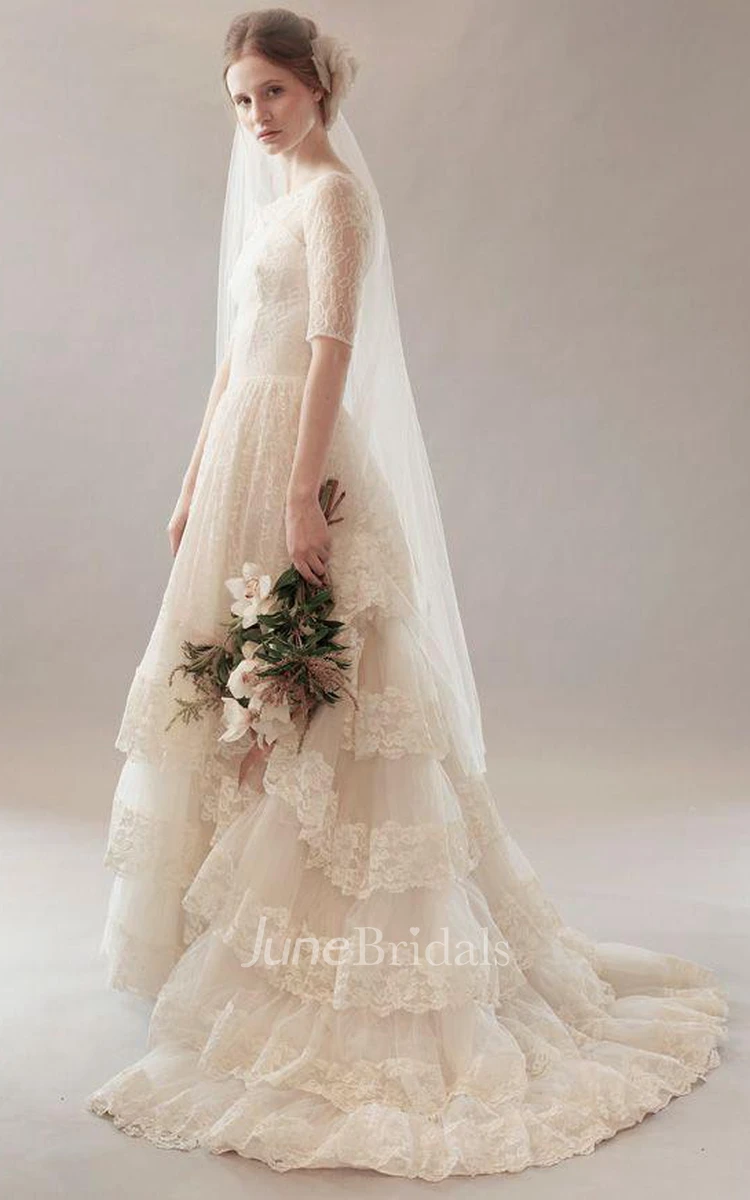 Vintage Modest Short Sleeves Boho Lace Wedding Dress Rustic