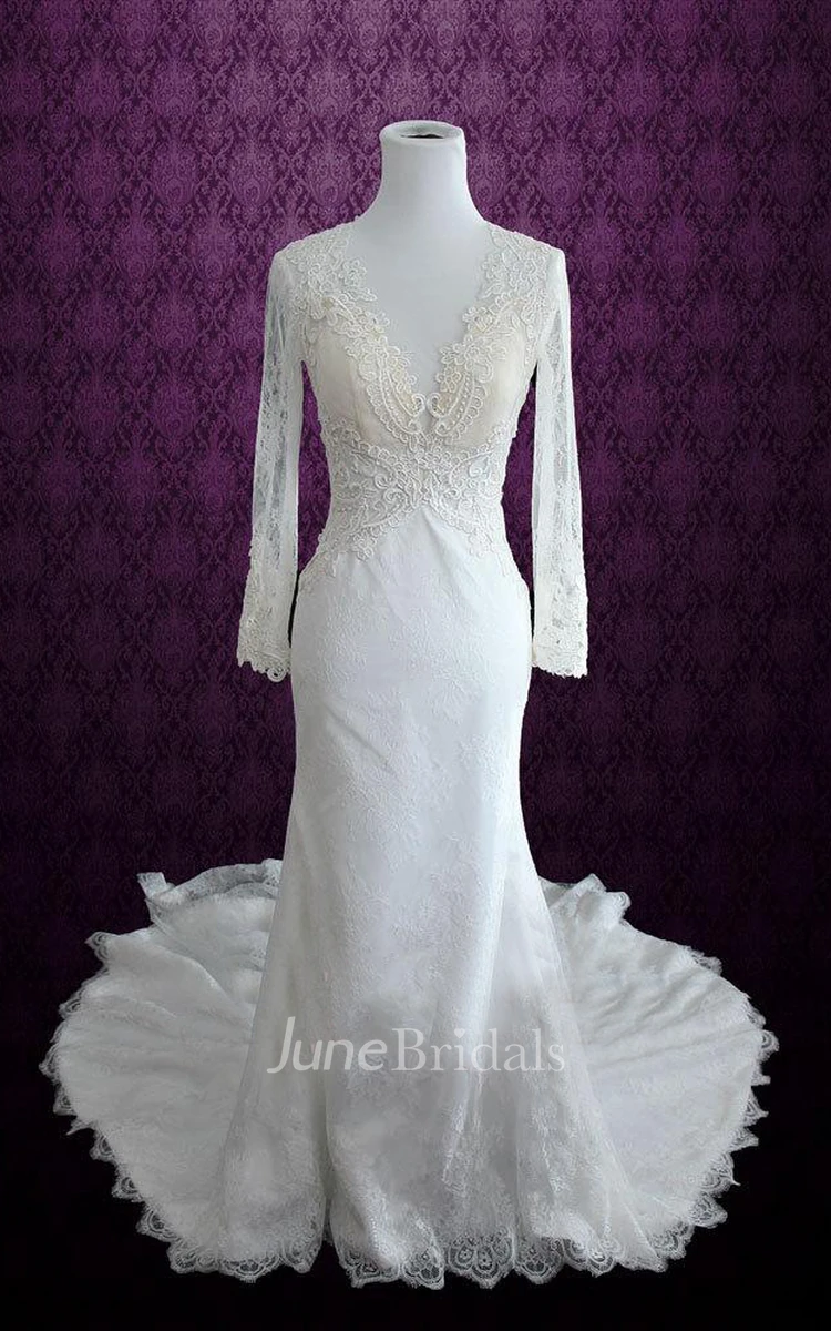 Scalloped Long Illusion Sleeve Keyhole Back Sheath Lace Wedding Dress