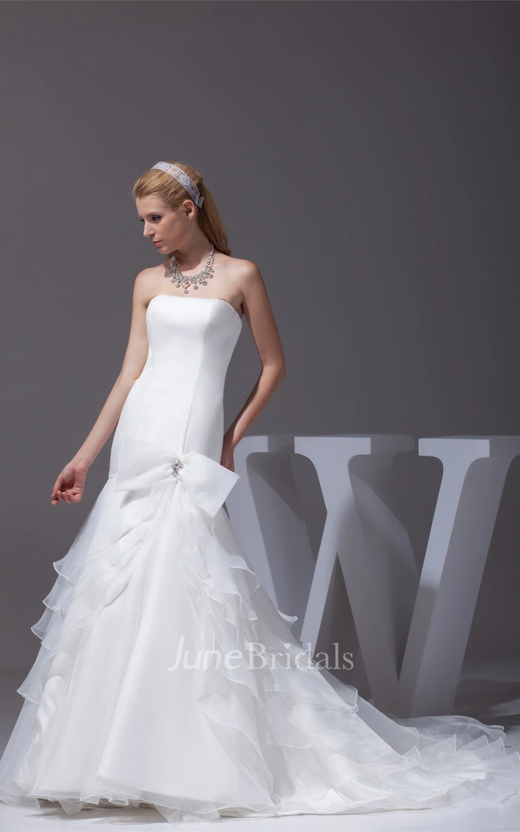 Strapless Column A-Line Gown with Bow and Tiers