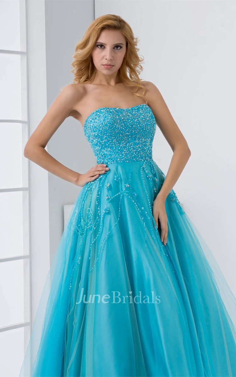 Strapless A-Line Tulle Dress with Jeweled Bodice