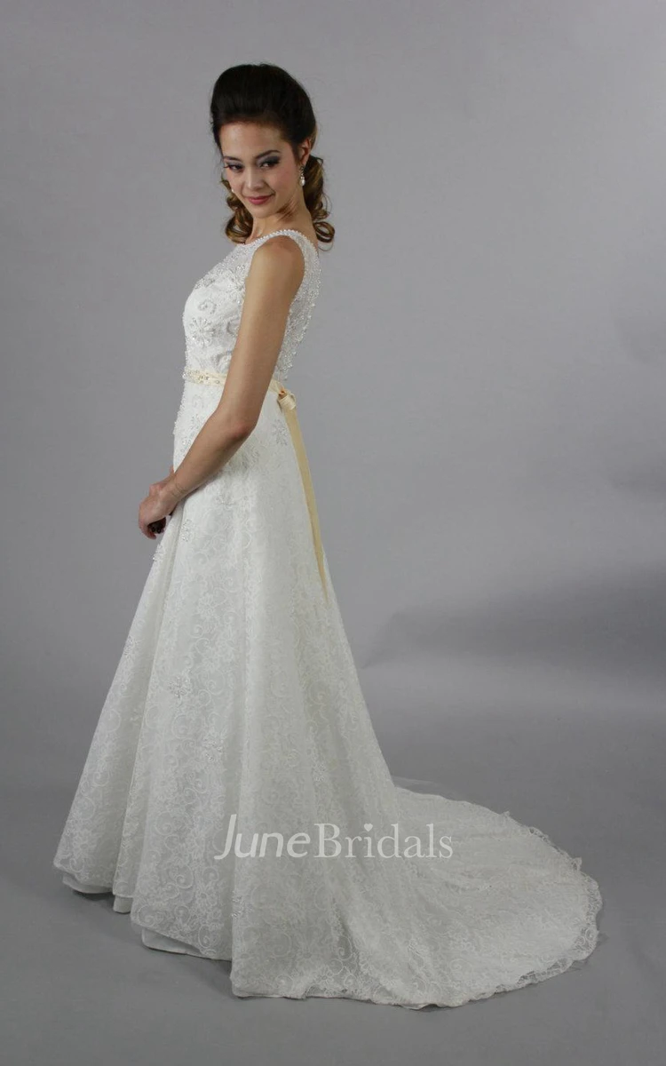 Full Lace Scoop Neck Sleeveless Long A-Line Wedding Dress With Crystal Beaded Waist