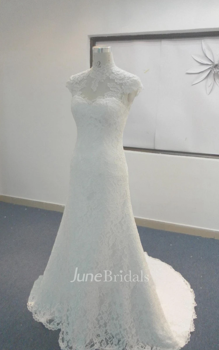 High-Neck Cap Button Back Sheath Long Lace Wedding Dress