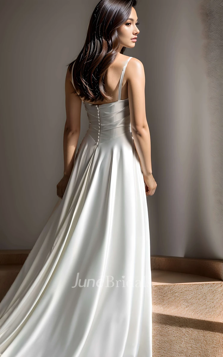 Simple Sexy A-Line Straps Square Neck Ruching Satin Wedding Dress Elegant Solid Beach Floor-length Sleeveless Backless Button Zipper Bridal Gown