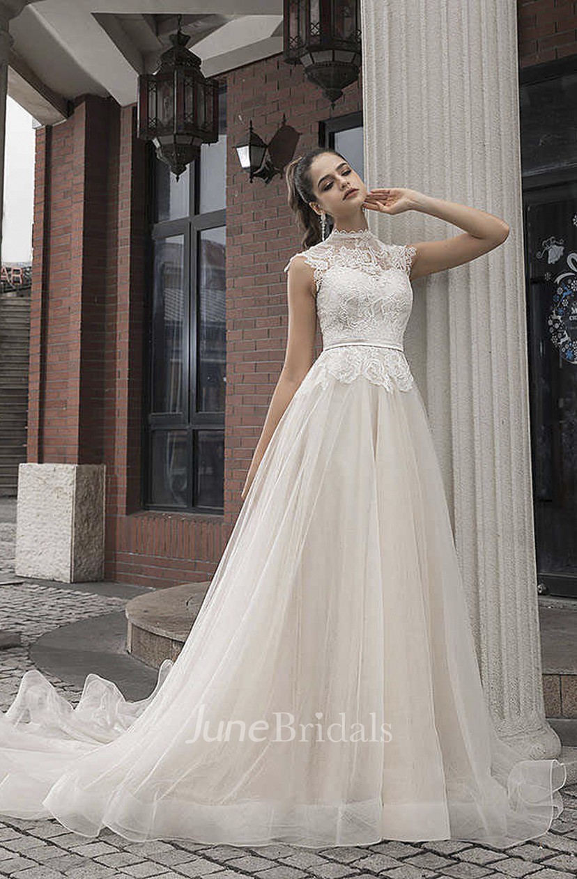 high neck cap sleeve wedding dress