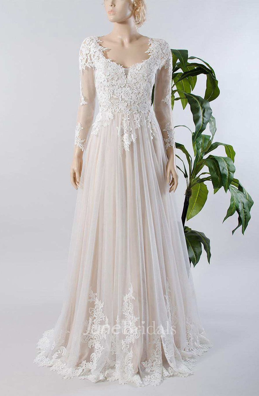 a line long sleeve lace wedding dress