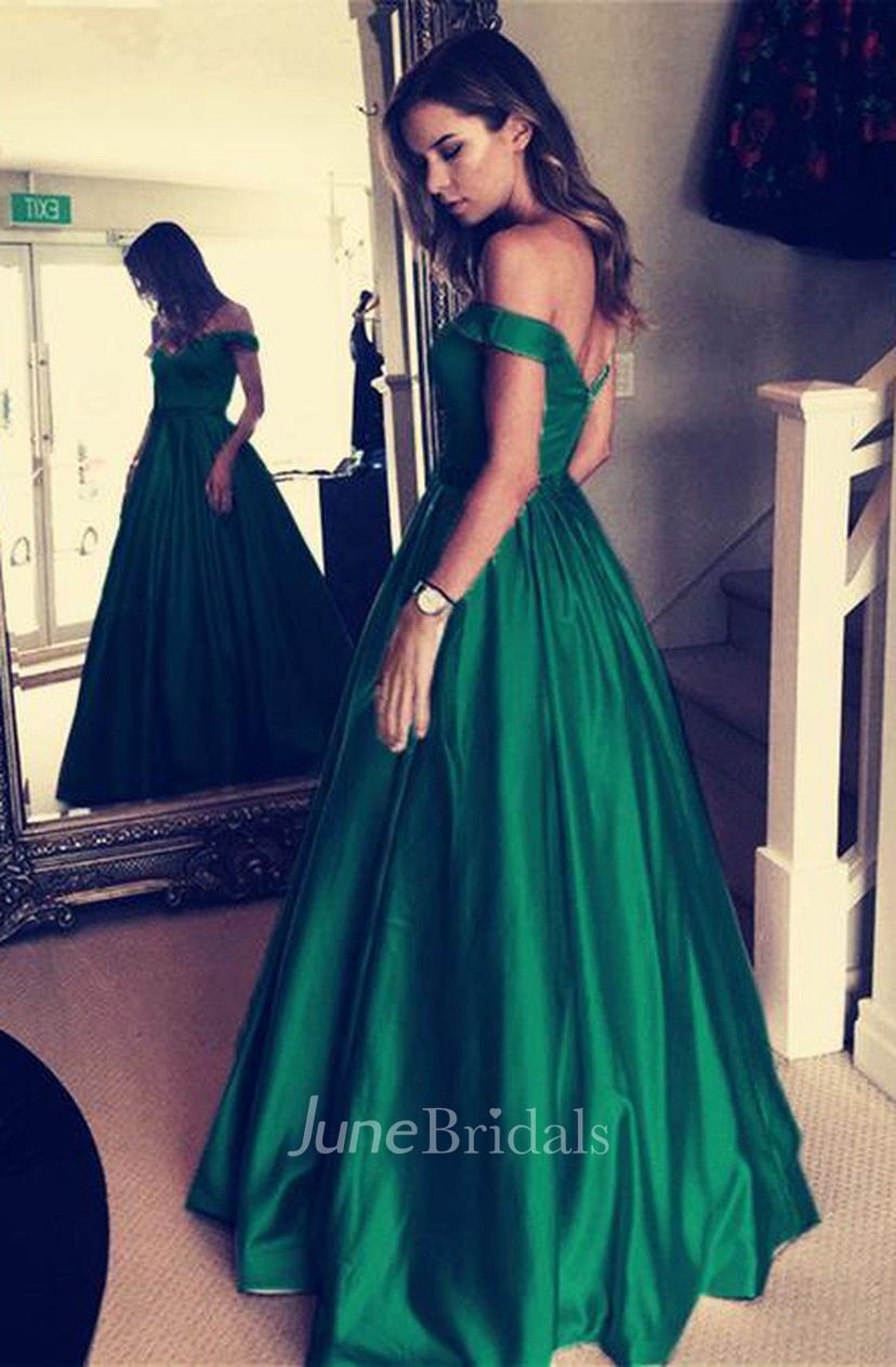 emerald green off the shoulder gown