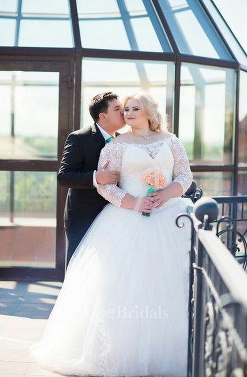 Wedding Dresses Plus Size Off Shoulder A-Line Lace Appliques Tulle Sweep Train